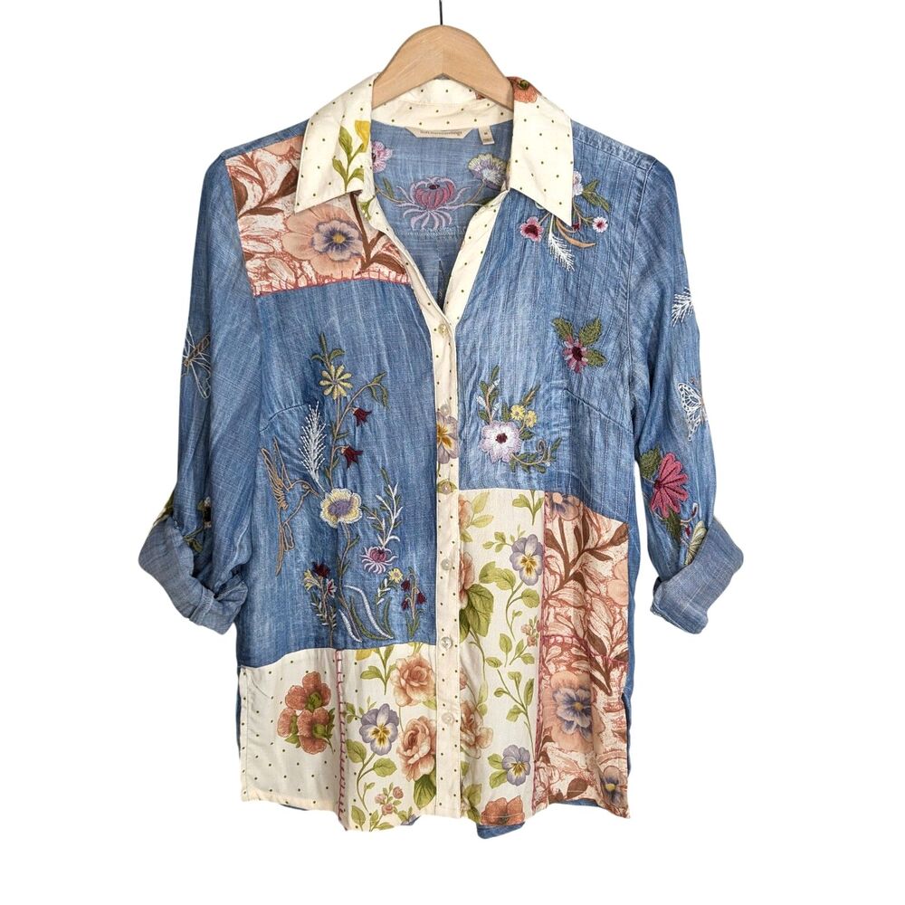 Soft Surroundings Embroidered Printed Tencel Button Shirt Sz M Boho Patchwork - Picture 2 of 9